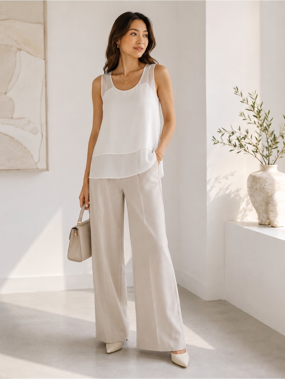 1. State Chiffon Blouse Layered Sleeveless Tank Ivory Size Medium